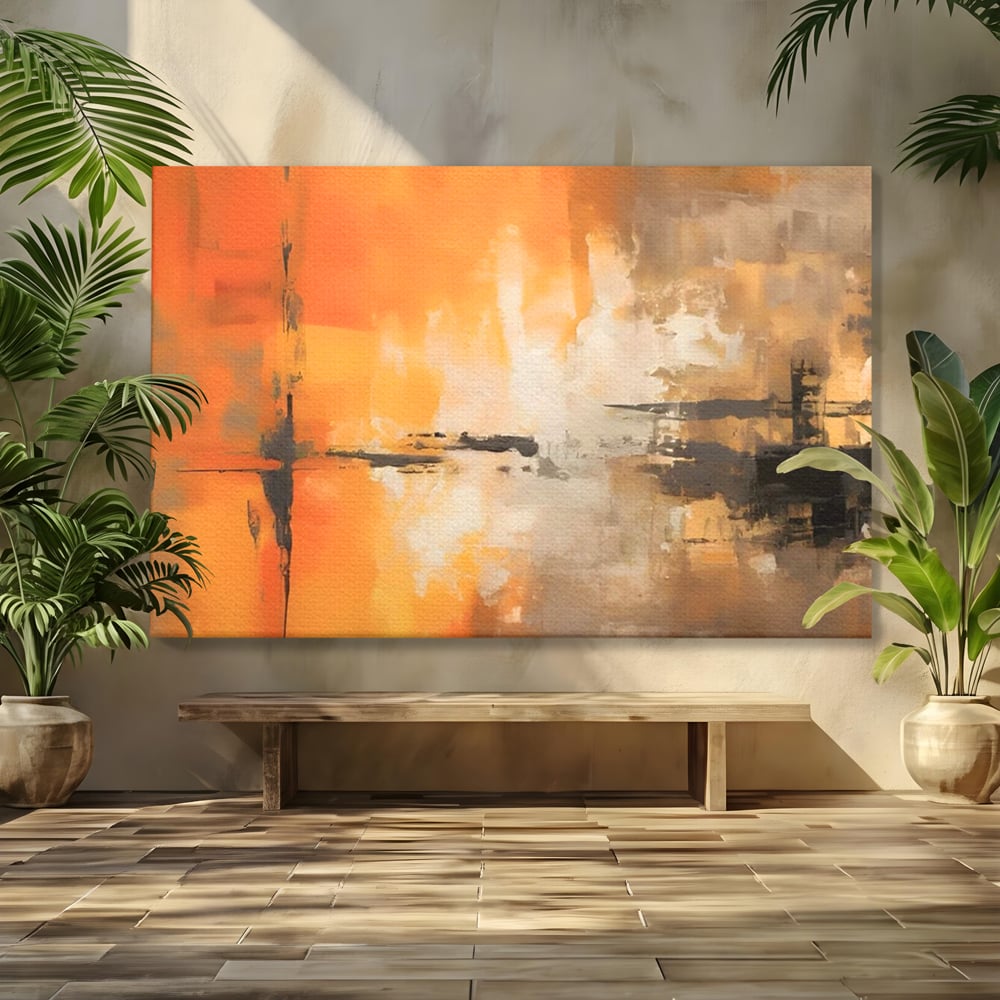 Tablou canvas cu pictura abstracta cu forme portocalii si negre, fara rama, pe sasiu de lemn